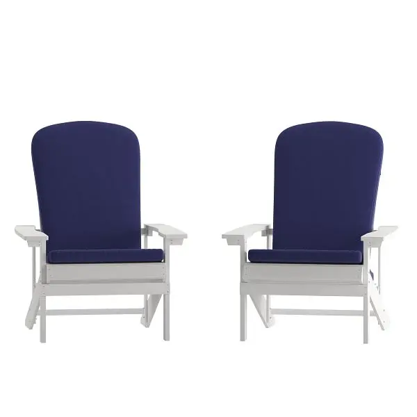 Flash Quick Furniture Charlestown All-Weather Poly Resin Wood Adirondack Chairs White Blue Cushions Deck, Porch, Set 2, 2-...