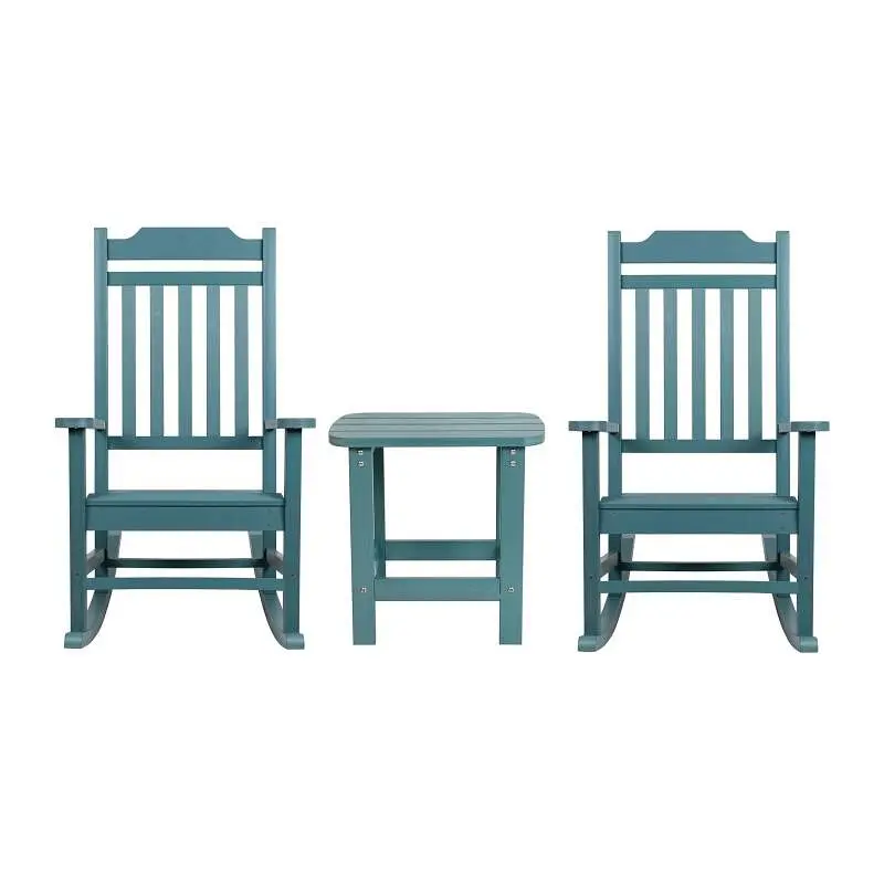 Flash Quick Furniture Set 2 Winston All-Weather Poly Resin Rocking Chairs Accent Side Table Teal, JJ-C14703-2-T14001-TL-GG...