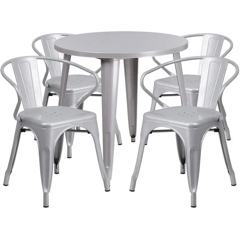 Flash Quick-Connect Furniture Cory Commercial Grade 30" Round Silver Metal Indoor-Outdoor Table Set 4 Arm Chairs, CH-...