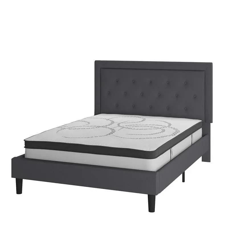 Flash Quick-Release Furniture Roxbury Queen Size Tufted Upholstered Platform Bed Dark Gray Fabric 10" CertiPUR-US Cer...