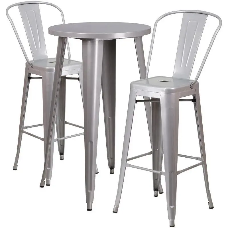 Flash Rapid Furniture Nichols Commercial Grade 24" Round Silver Metal Indoor-Outdoor Bar Table Set 2 Cafe Stools, CH-...