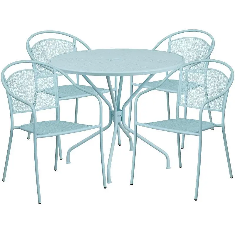 Flash Rapid Furniture Oia Commercial Grade 35.25" Round Sky Blue Indoor-Outdoor Mild Steel Patio Table Set 4 Round Ba...