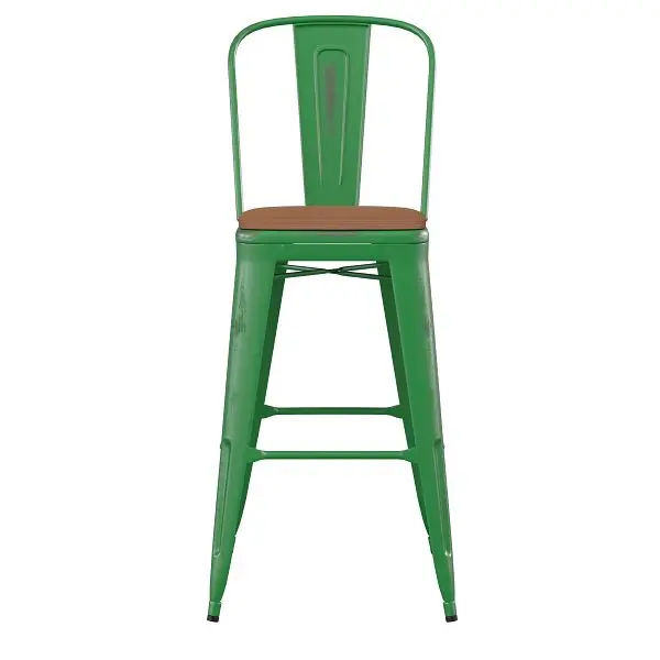 Flash Ready-to-Use Furniture Carly Commercial 30" Sage Metal Indoor-Outdoor Barstool Back Teak Poly Resin Wood Seat, ...