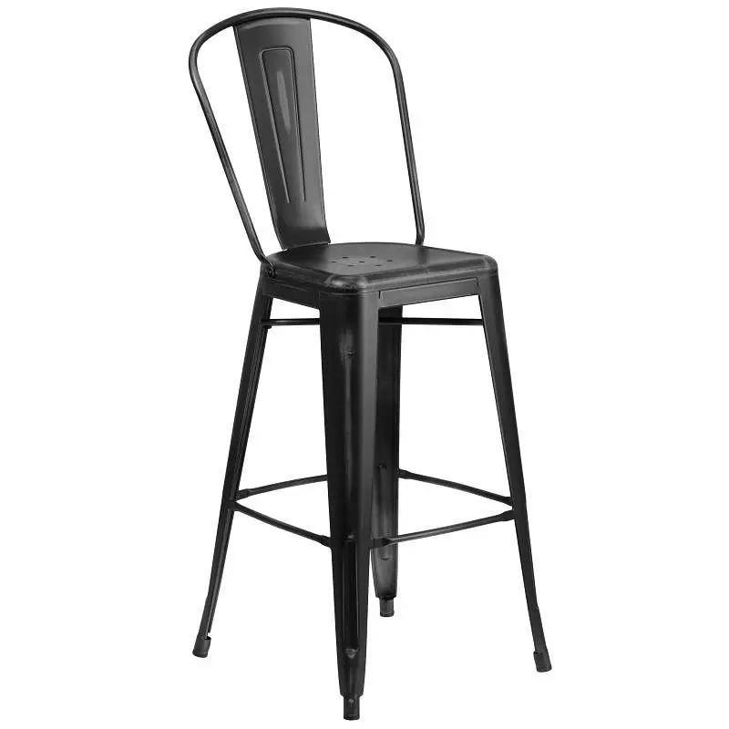 Flash Recyclable Furniture Cindy Commercial Grade 30" High Distressed Midnight Black Metal Indoor-Outdoor Barstool Ba...