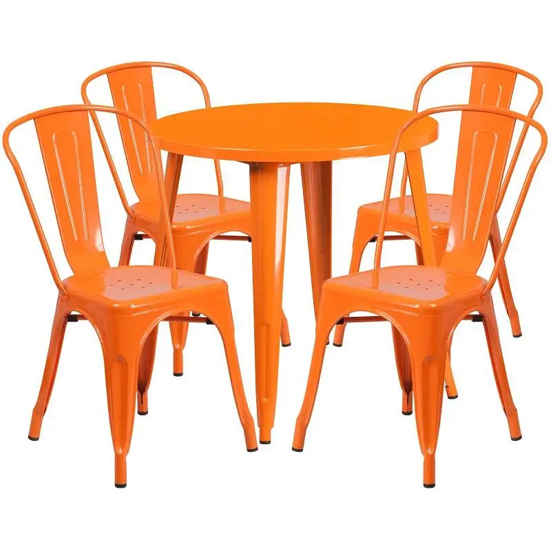 Flash Recyclable Furniture Dalton Commercial Grade 30" Round Tangerine Metal Indoor-Outdoor Table Set 4 Cafe Chairs, ...