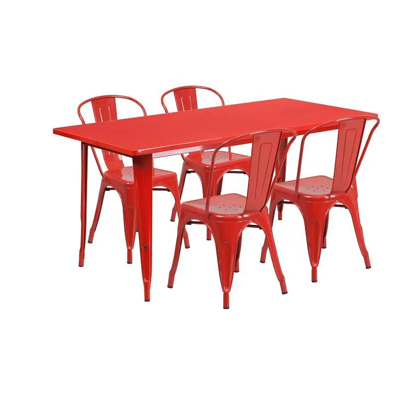 Flash Recyclable Furniture Darcy Commercial Grade 31.5" x 63" Rectangular Red Metal Indoor-Outdoor Table Set 4 S...