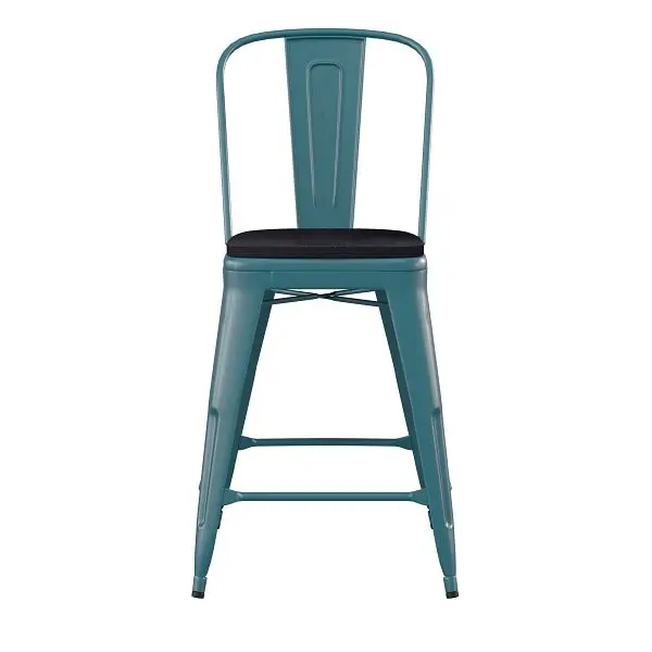 Flash Regular Furniture Carly Commercial 24" Kelly Blue-Teal Metal Indoor-Outdoor Counter Height Stool Back, Ebony Po...