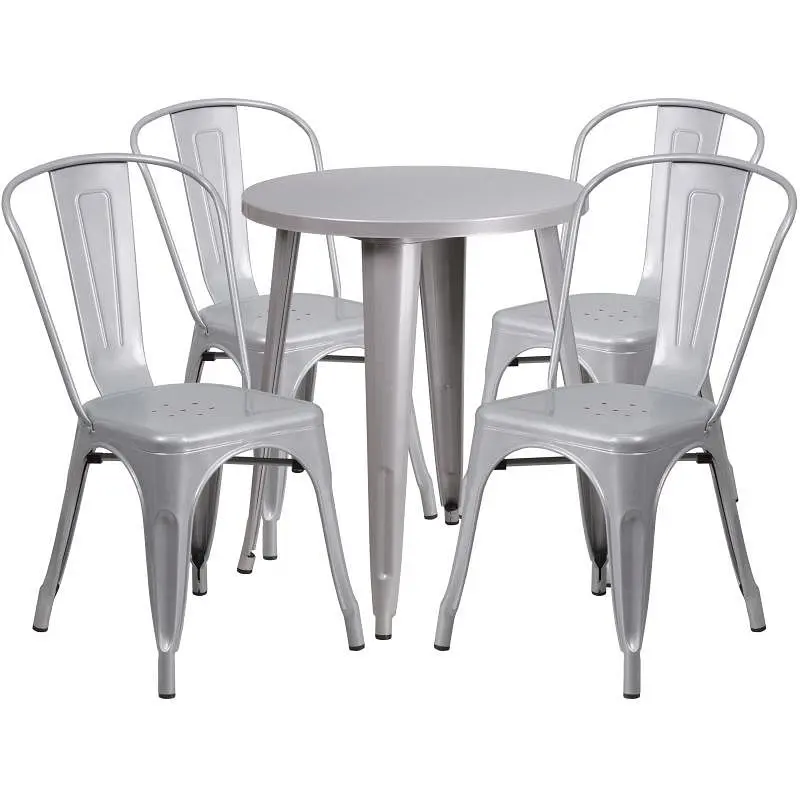 Flash Regular Furniture Chauncey Commercial Grade 24" Round Silver Metal Indoor-Outdoor Table Set 4 Cafe Chairs, CH-5...