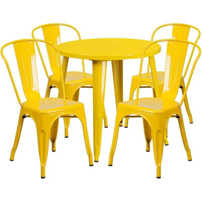 Flash Regular Furniture Dalton Commercial Grade 30" Round Yellow Metal Indoor-Outdoor Table Set 4 Cafe Chairs, CH-510...