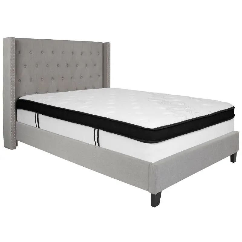 Flash Reinforced Furniture Riverdale Full Size Tufted Upholstered Platform Bed Light Gray Fabric Memory Foam Mattress, HG-...
