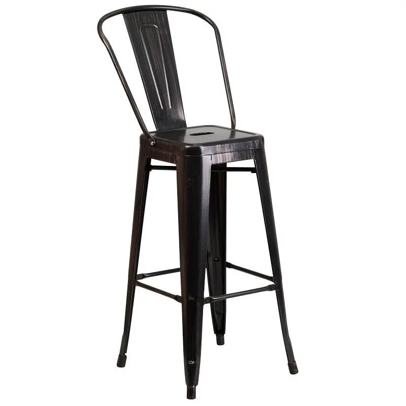 Flash Ribbed Furniture Kai Commercial Grade 30" High Black-Antique Gold Metal Indoor-Outdoor Barstool Removable Back,...