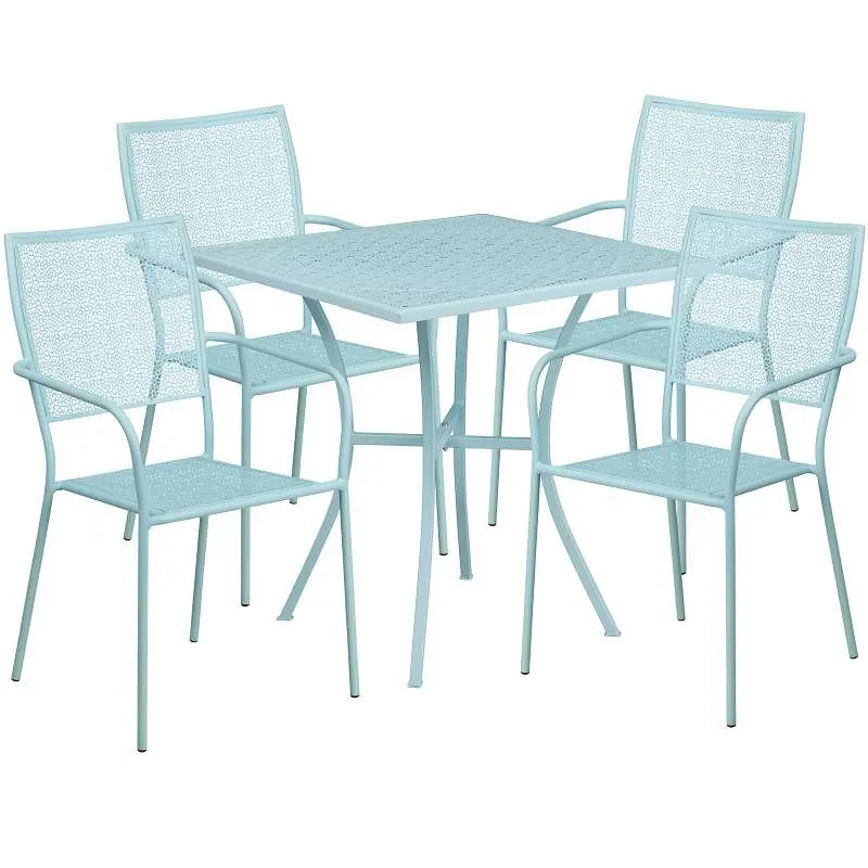 Flash Robust Furniture Oia Commercial Grade 28" Square Sky Blue Indoor-Outdoor Steel Patio Table Set 4 Square Back Ch...