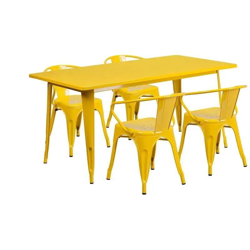 Flash Rugged Furniture Fisher Commercial Grade 31.5" x 63" Rectangular Yellow Metal Indoor-Outdoor Table Set 4 A...