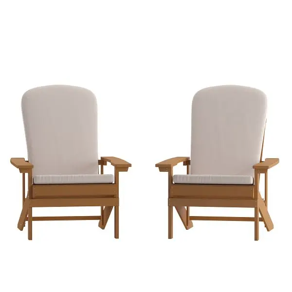 Flash Rust-Resistant Furniture Charlestown All-Weather Poly Resin Wood Adirondack Chairs Teak Cream Cushions Deck, Porch, ...