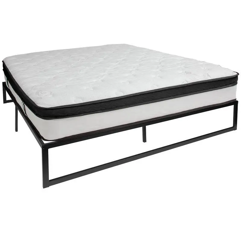 Flash Safe Furniture Louis 14" Metal Platform Bed Frame 12" Memory Foam Pocket Spring Mattress Box - King, XU-BD...