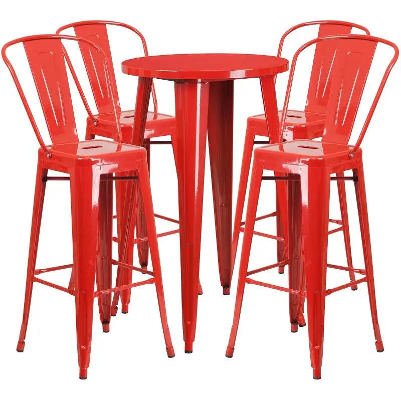 Flash Safety Furniture Dexter Commercial Grade 24" Round Red Metal Indoor-Outdoor Bar Table Set 4 Cafe Stools, CH-510...