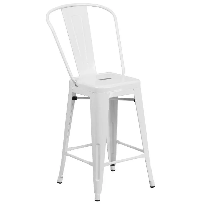 Flash Safety Furniture Kai Commercial Grade 24" High White Metal Indoor-Outdoor Counter Height Stool Removable Back, ...