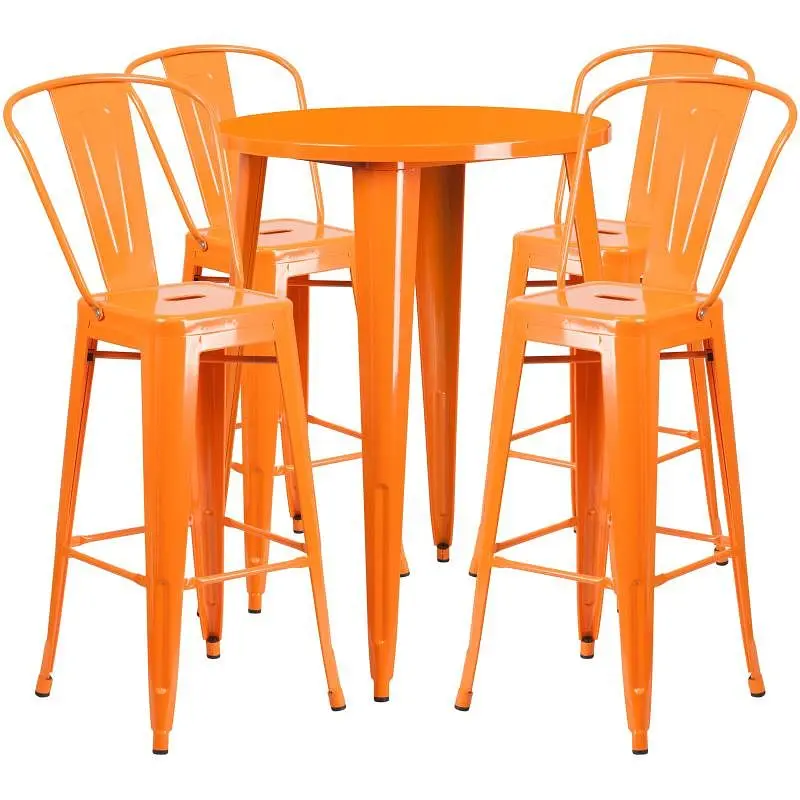 Flash Secure Furniture Callum Commercial Grade 30" Round Orange Metal Indoor-Outdoor Bar Table Set 4 Cafe Stools, CH-...