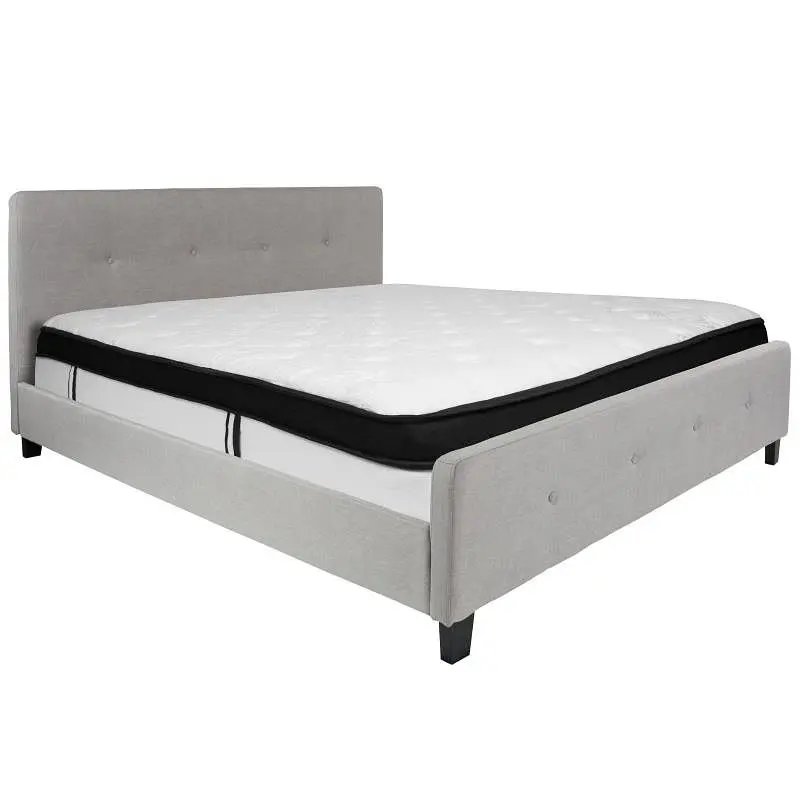 Flash Secure Furniture Tribeca King Size Tufted Upholstered Platform Bed Light Gray Fabric Memory Foam Mattress, HG-BMF-28...
