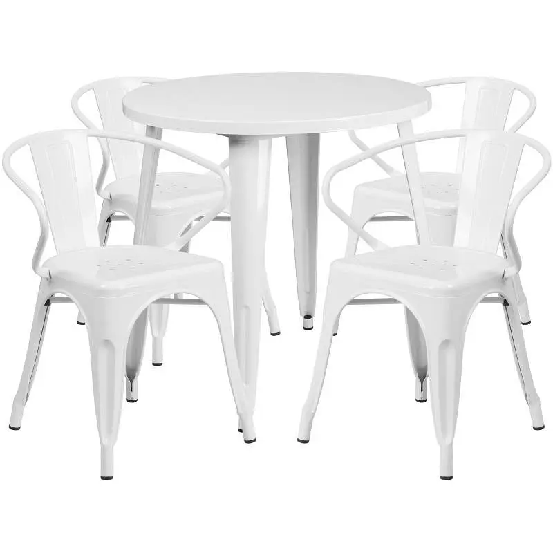 Flash Serrated Furniture Cory Commercial Grade 30" Round Bright White Metal Indoor-Outdoor Table Set 4 Arm Chairs, CH...