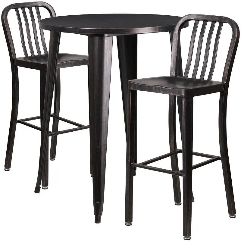 Flash Simple Furniture Brad Commercial Grade 30" Round Black-Antique Gold Metal Bar Table Set 2 Vertical Slat Back St...