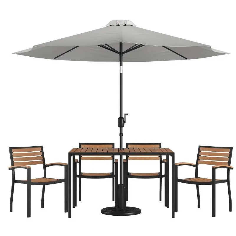 Flash Simple Furniture Lark 7 Piece Patio Dining Table Set 4 Synthetic Teak Chairs, 30" x 48" Table, Gunmetal Um...