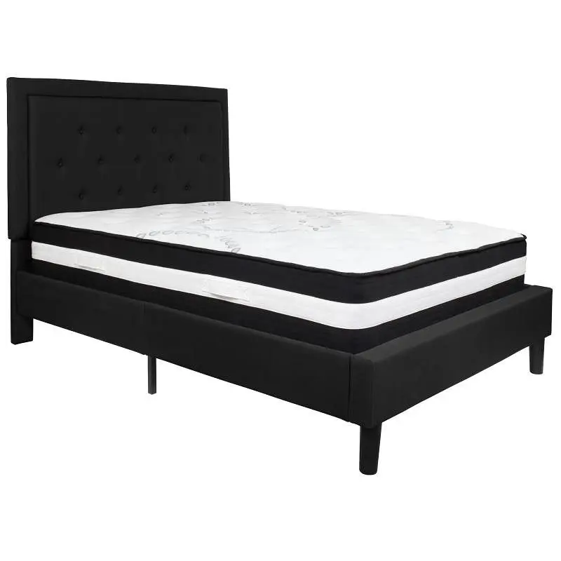 Flash Sleek Furniture Roxbury Full Size Tufted Upholstered Platform Bed Black Fabric Pocket Spring Mattress, SL-BM-22-GG F...