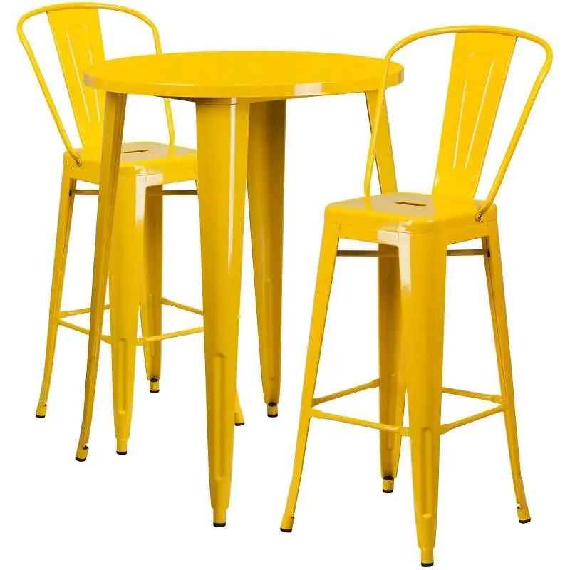 Flash Slim Furniture Caron Commercial Grade 30" Round Yellow Metal Indoor-Outdoor Bar Table Set 2 Cafe Stools, CH-510...