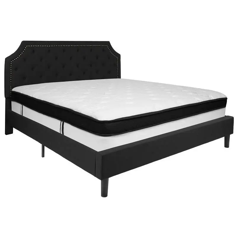 Flash Smooth Furniture Brighton King Size Tufted Upholstered Platform Bed Black Fabric Memory Foam Mattress, SL-BMF-8-GG F...