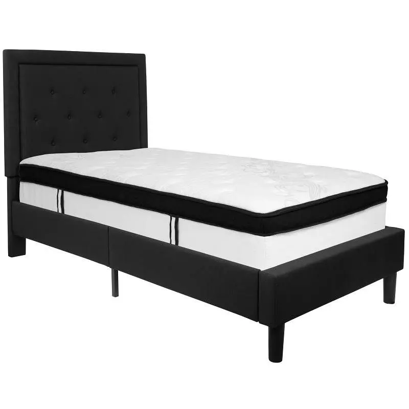 Flash Smooth Furniture Roxbury Twin Size Tufted Upholstered Platform Bed Black Fabric Memory Foam Mattress, SL-BMF-21-GG F...