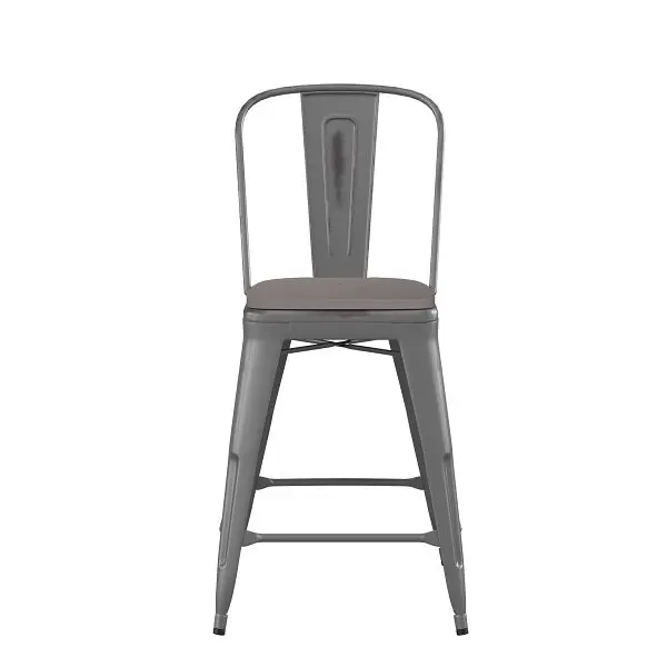Flash Snap-On Furniture Lincoln 24'' High Clear Coated Indoor Counter Height Stool Back and Gray Poly Resin Wood...