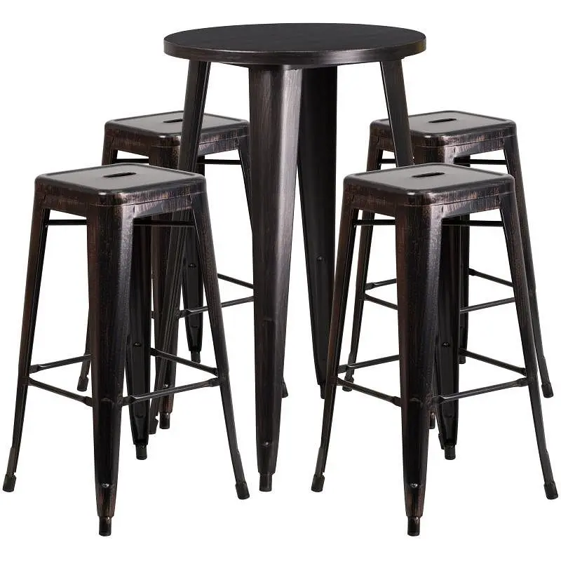 Flash Snap-On Furniture Ormsby Commercial Grade 24" Round Black-Antique Gold Metal Bar Table Set 4 Square Seat Backle...
