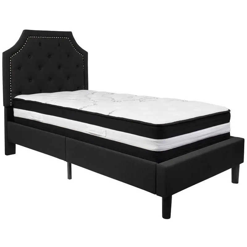 Flash Solid Furniture Brighton Twin Size Tufted Upholstered Platform Bed Black Fabric Pocket Spring Mattress, SL-BM-5-GG F...