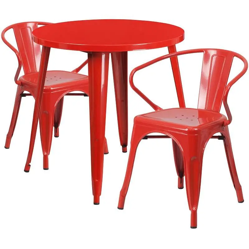 Flash Standard Furniture Conrad Commercial Grade 30" Round Red Metal Indoor-Outdoor Table Set 2 Arm Chairs, CH-51090T...