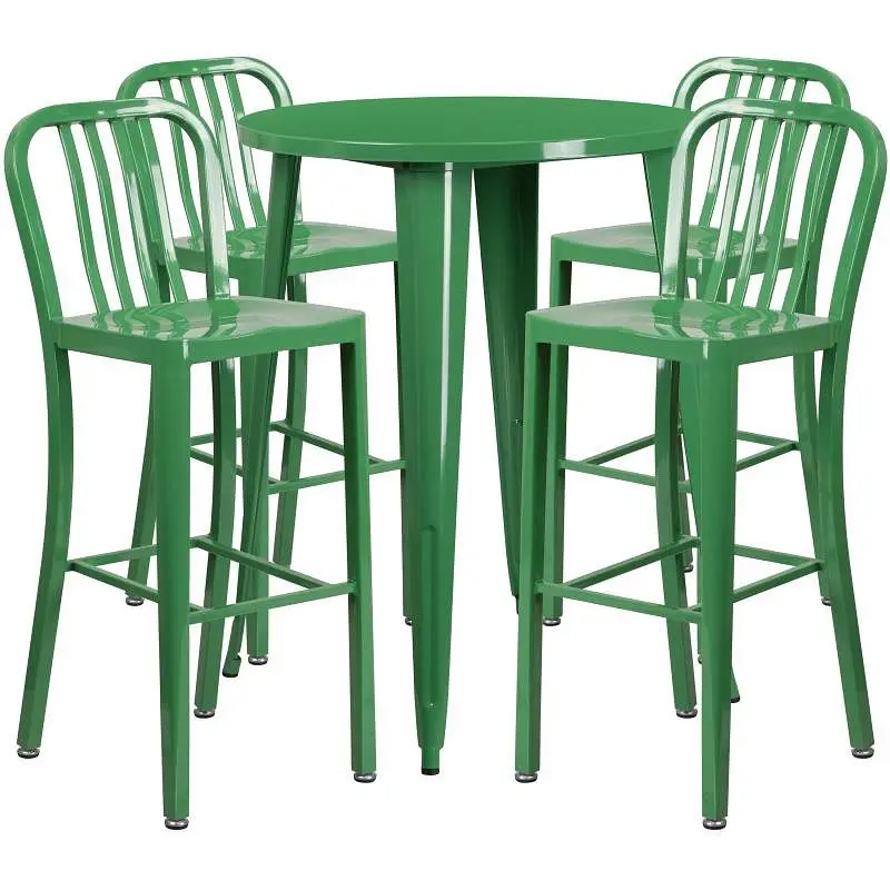 Flash Standard Furniture Tristan Commercial Grade 30" Round Green Metal Indoor-Outdoor Bar Table Set 4 Vertical Slat ...