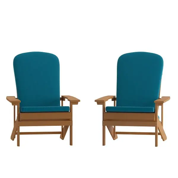 Flash Stylish Furniture Charlestown All-Weather Poly Resin Wood Adirondack Chairs Teak Teal Cushions Deck, Porch, Set 2, 2...