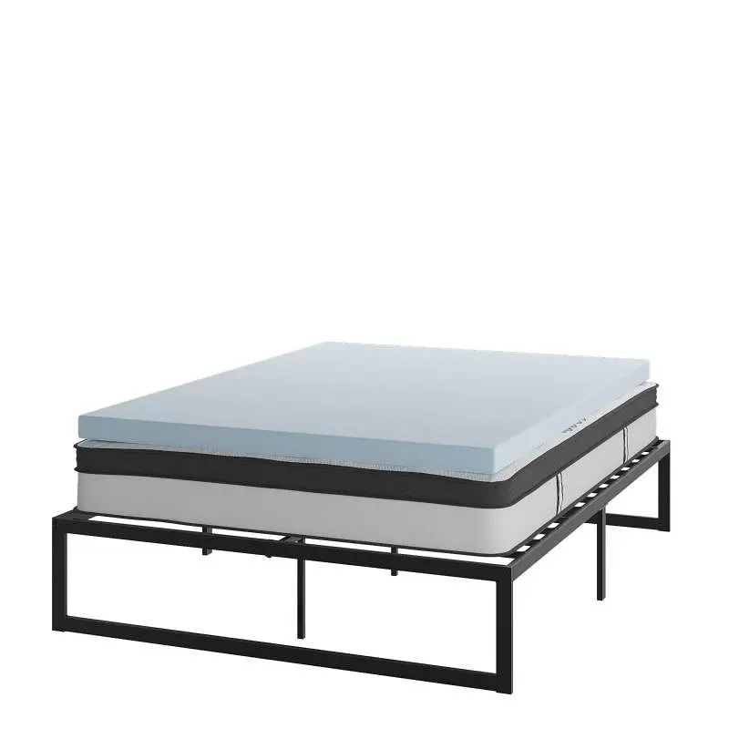 Flash Super-Strong Furniture Leo 14" Metal Platform Bed Frame 10" Pocket Spring Mattress Box & 3" Cool ...