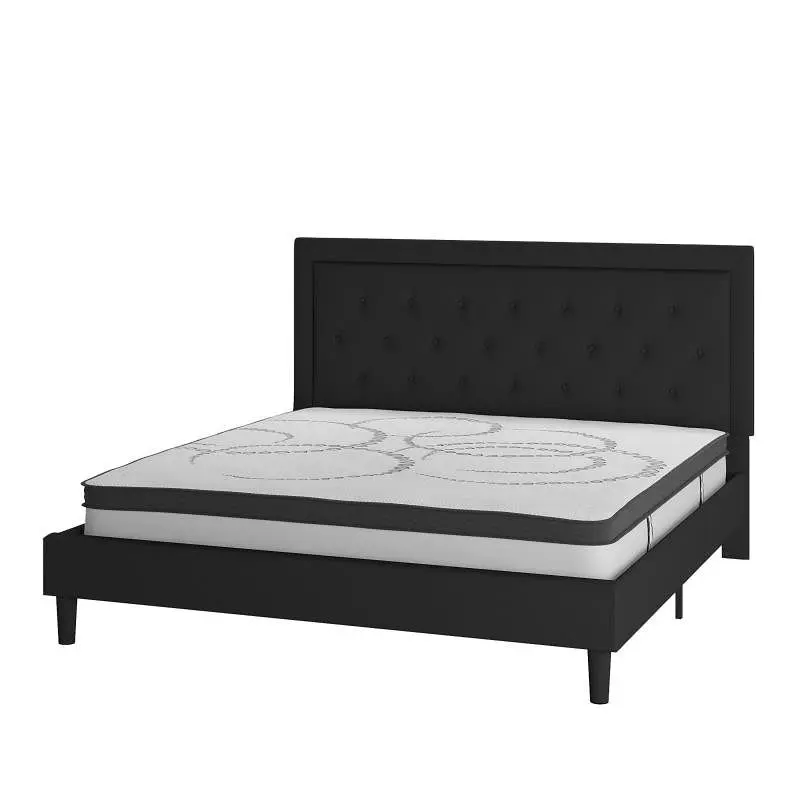 Flash Super-Strong Furniture Roxbury King Size Tufted Upholstered Platform Bed Midnight Black Fabric 10 Inch CertiPUR-US C...