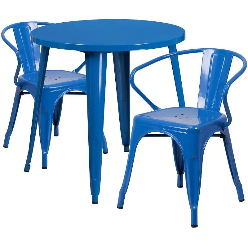 Flash Sustainable Furniture Conrad Commercial Grade 30" Round Azure Metal Indoor-Outdoor Table Set 2 Arm Chairs, CH-5...