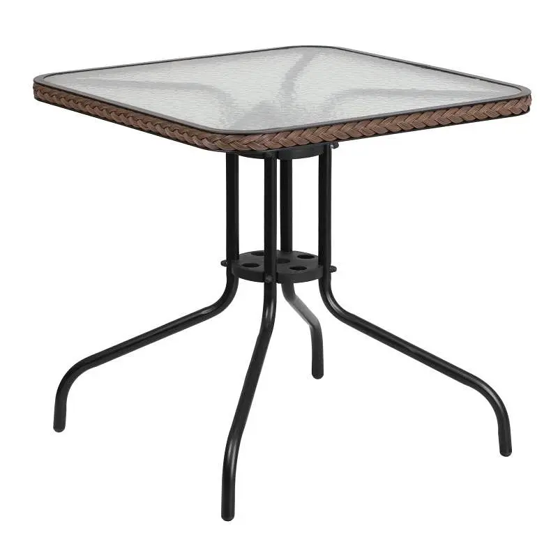 Flash Textured Furniture Barker 28'' Square Tempered Glass Metal Table Dark Brown Rattan Edging, TLH-073R-DK-BN-...
