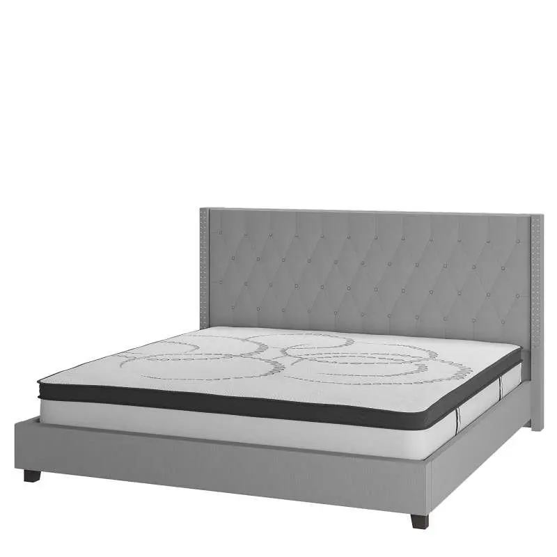 Flash Textured Furniture Riverdale Queen Size Tufted Upholstered Platform Bed Light Silver Gray 10" CertiPUR-US Certi...