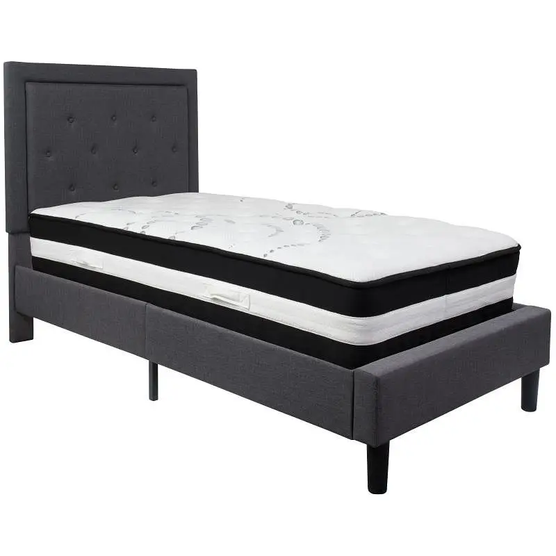 Flash Textured Furniture Roxbury Twin Size Tufted Upholstered Platform Bed Dark Gunmetal Fabric Pocket Spring Mattress, SL...