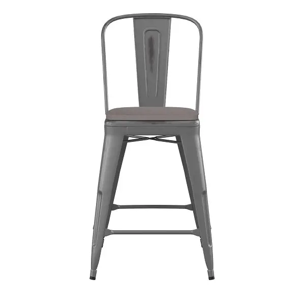 Flash Thick Furniture Carly Commercial 24" Silver Gunmetal Metal Indoor-Outdoor Counter Height Stool Back, Gray Poly ...
