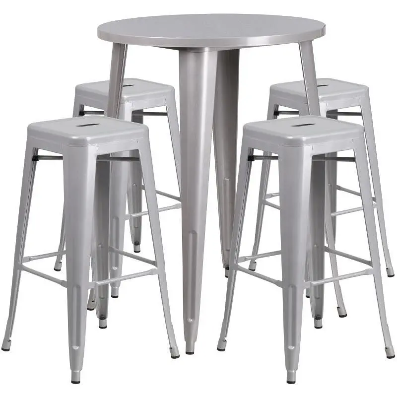 Flash Time-Tested Furniture Coby Commercial Grade 30" Round Silver Metal Indoor-Outdoor Bar Table Set 4 Square Seat B...