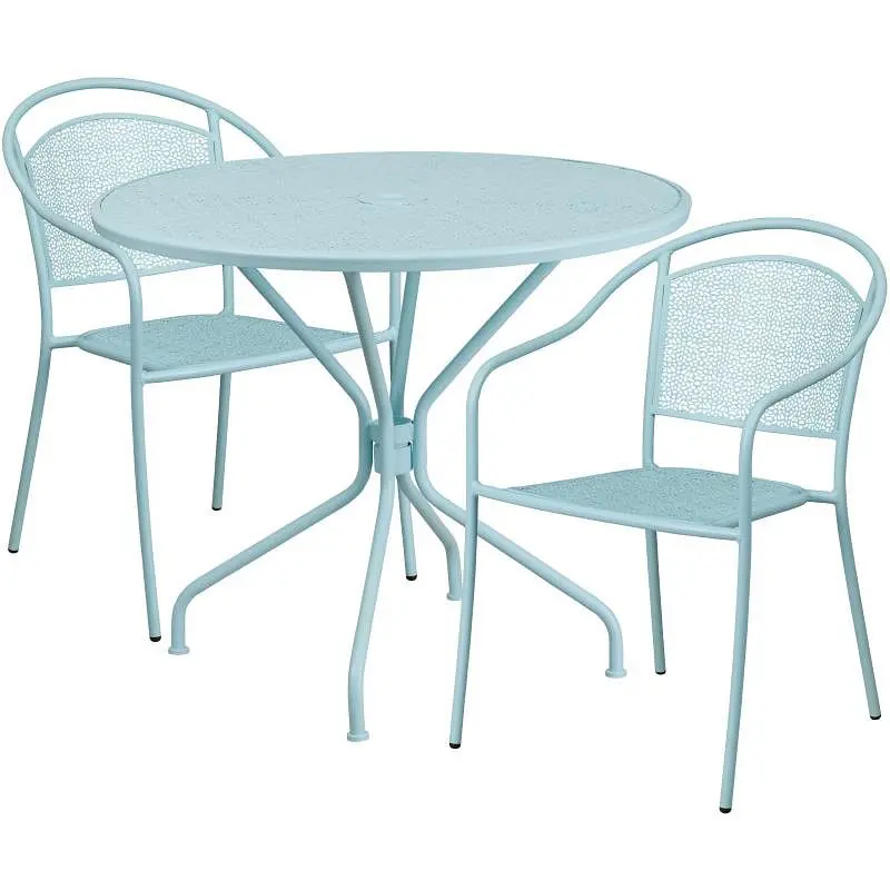 Flash Time-Tested Furniture Oia Commercial Grade 35.25" Round Sky Blue Indoor-Outdoor Metal Steel Patio Table Set 2 R...