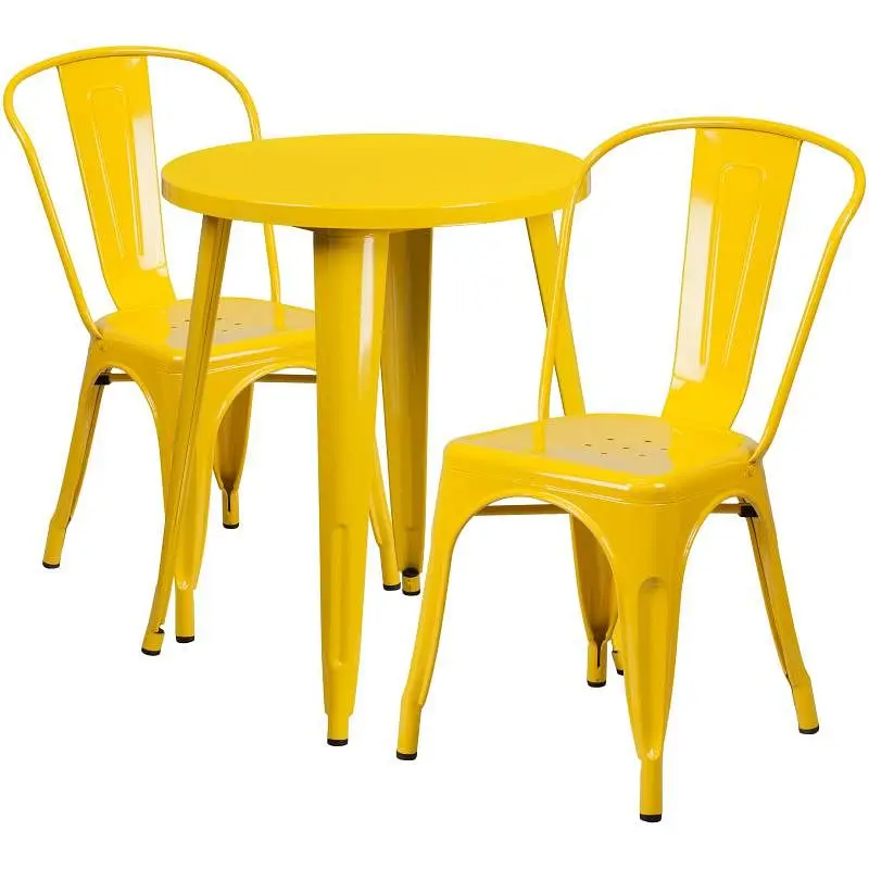 Flash Tool-Free Furniture Napoleon Commercial Grade 24" Round Canary Yellow Metal Indoor-Outdoor Table Set 2 Cafe Cha...