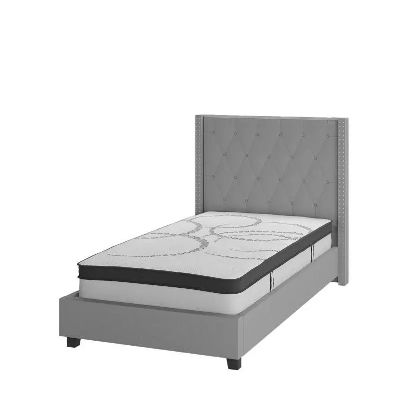 Flash Tool-Free Furniture Riverdale Twin Size Tufted Upholstered Platform Bed Light Gray 10" CertiPUR-US Certified Po...