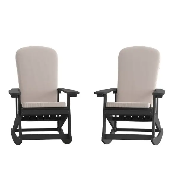 Flash Tool-Free Furniture Savannah All-Weather Poly Resin Wood Adirondack Rocking Chairs Black Cream Cushions Deck, Set 2,...