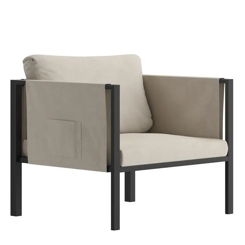 Flash Top-Quality Furniture Lea Indoor/Outdoor Patio Chair Cushions - Steel Framed Chair Storage Pockets, Black Beige Cush...
