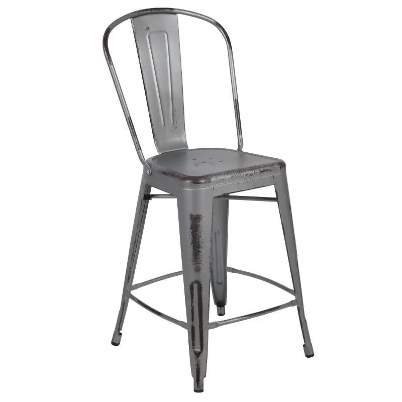 Flash Top-Tier Furniture Carly Commercial Grade 24" High Distressed Silver Gray Metal Indoor-Outdoor Counter Height S...